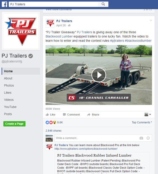 PJ Trailers and Blackwood Lumber Facebook timeline video sweepstakes
