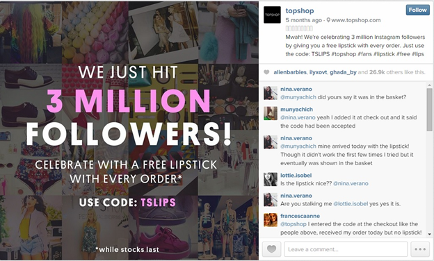 Example of Instagram special offer from Topshop